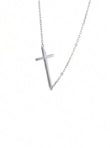 LEKANI 1pc S925 Sterling Silver Necklace, Silver Simple And Stylish Cross Pendant Necklace, Perfect Collarbone Necklace For Daily Wear, Great Gift For Girlfriend And Best Friends - Silver - View 1