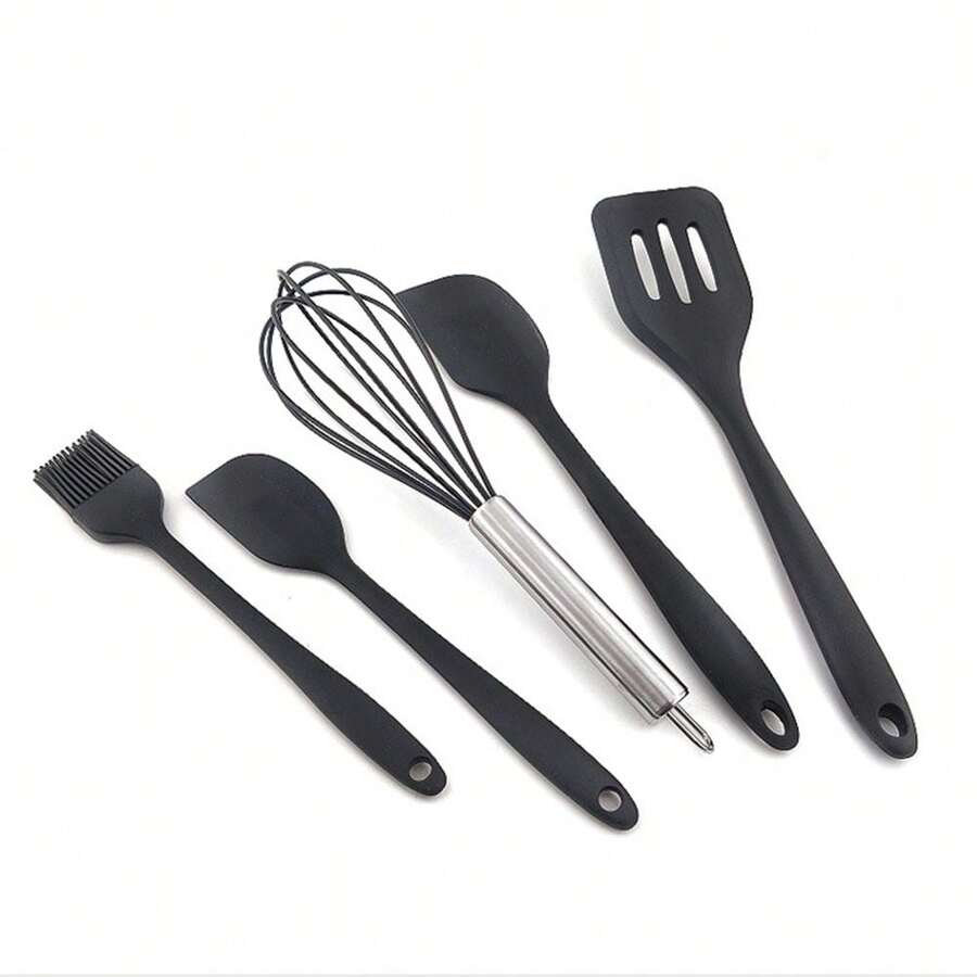 5pcs/Set Silicone Spatula Kit, Kitchen Utensils Including Small Oil Brush, Butter Spreader, Scraper, Whisk, For Cooking, Baking And Mixing, Kitchen Supplies - Black - View 1