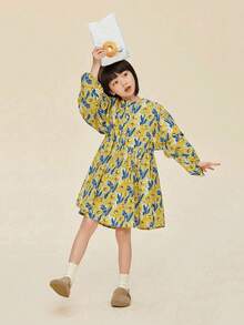 Little Girls' Painting Style Yellow Floral Print Lantern Sleeve Dress For Spring - Yellow - View 5