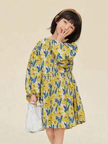 Little Girls' Painting Style Yellow Floral Print Lantern Sleeve Dress For Spring - Yellow - View 3