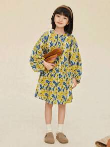 Little Girls' Painting Style Yellow Floral Print Lantern Sleeve Dress For Spring - Yellow - View 1