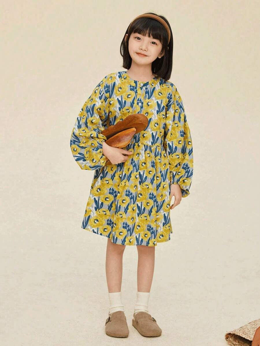 Little Girls' Painting Style Yellow Floral Print Lantern Sleeve Dress For Spring - Yellow - View 1
