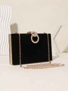 女士高檔絨面晚宴盒子包,晚宴手拿包,派對禮服包,宴會鏈條手提包,冬季舞會手袋 - 黑色 - 查看 3