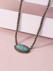 1 套三件/套时尚简约风格别致复古绿松石几何不对称椭圆形吊坠耳环和串珠项链 - 綠松石色 - 查看 14