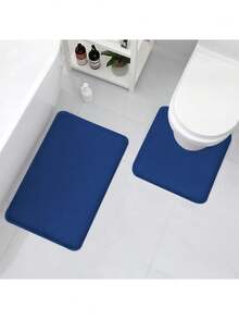 3入組簡單純色柔軟&彈性記憶海綿吸水和防滑浴室地墊組合 - 寶藍色 - 查看 4