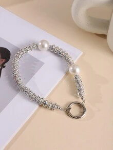 1 件轻奢水钻镶嵌手机链短款仿珍珠水钻装饰手机挂绳钥匙扣 - 彩色 - 查看 6