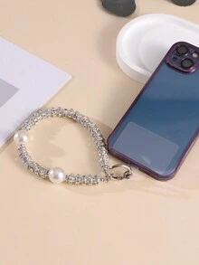 1 件轻奢水钻镶嵌手机链短款仿珍珠水钻装饰手机挂绳钥匙扣 - 彩色 - 查看 3