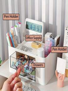 1 Pc Pen Organizer With 2 Drawers, Multifunctional Pen Holder For Desk, Storage Box For Desk, Office Supplies, Dressing Table, Office, School, Home - White - View 5