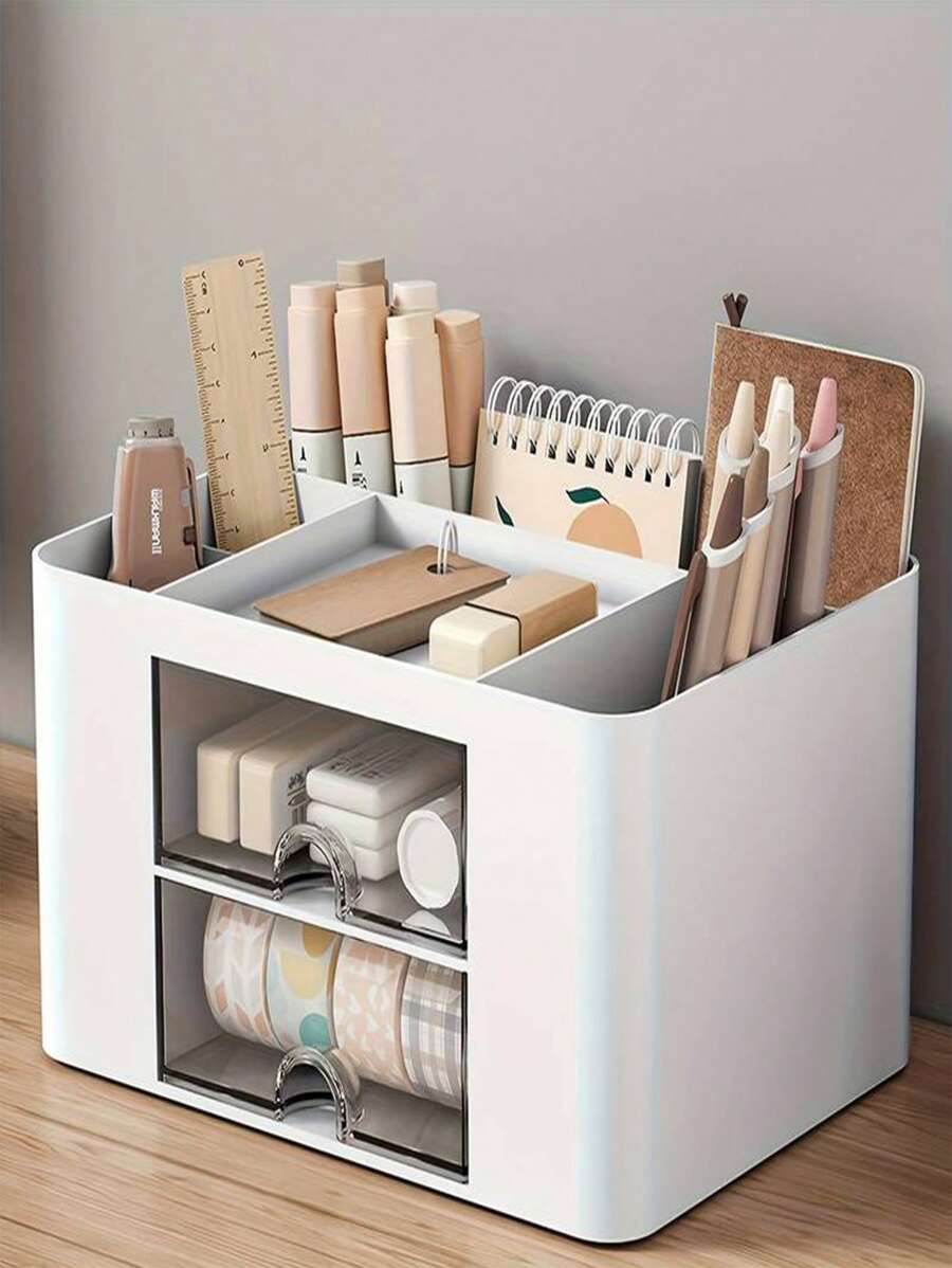 1 Pc Pen Organizer With 2 Drawers, Multifunctional Pen Holder For Desk, Storage Box For Desk, Office Supplies, Dressing Table, Office, School, Home - White - View 1