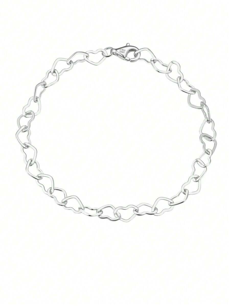 件 925 純銀女式心形鏈手鍊，非常適合生日和聖誕禮物 - 銀色 - 查看 1