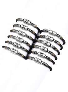 1個男士pu皮革珠子手鍊,帶有12個星座標誌 - 復古銀色 - 查看 2