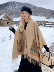 1入組女式口袋亞克力披肩圍巾,帶分裂式搭配,適合各季節穿戴 - 駝色 - 查看 2