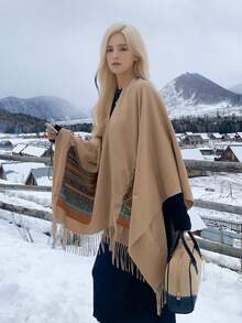 1入組女式口袋亞克力披肩圍巾,帶分裂式搭配,適合各季節穿戴 - 駝色 - 查看 3