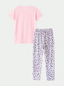 Tween Girl 2pcs Cute Bowknot & Cat Printed Short Sleeve T-Shirt And Leopard Print Pants Pajama Set, Summer, Leisure And Comfortable, Pink - Pink - View 2