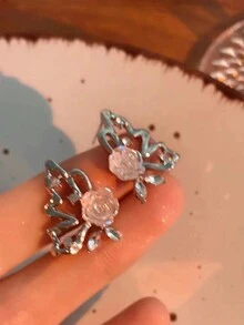 1pair Silver-Color Alloy Butterfly And White Rose Shaped Rhinestone Stud Earrings For Women, Personalized Design, Fresh And Lovely Jewelry - Multicolor - View 5