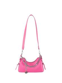 1pc Girl's Solid Color Chain Decoration Pu Zip Closure Fashionable Versatile Shoulder Bag Crossbody Bag For Daily Use - Hot Pink - View 3