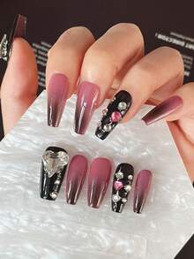 10 cái Y2K Dài Móng Tay Thủ công Nhấn Móng tay Với 3D Tim Kim cương giả , Thích hợp Cho Ngày Lễ Tình Nhân Và Mặc hàng ngày - màu đen - Xem 1