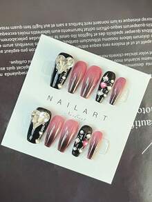 10 cái Y2K Dài Móng Tay Thủ công Nhấn Móng tay Với 3D Tim Kim cương giả , Thích hợp Cho Ngày Lễ Tình Nhân Và Mặc hàng ngày - màu đen - Xem 3