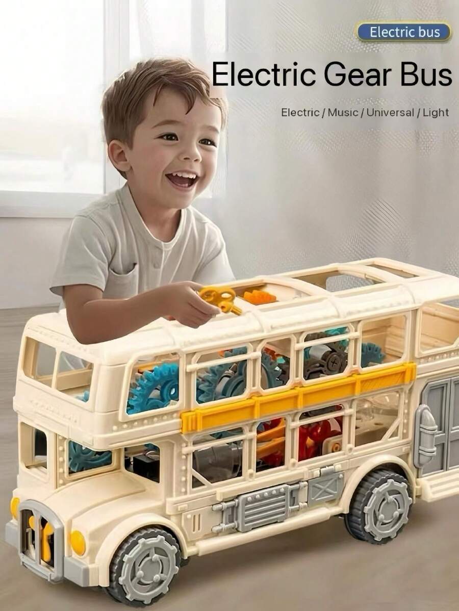 Autobús De Dos Pisos De Aleación Escala 1:50 Con Luz Y Música, Pull Back, Juguete Eléctrico Para Niños +3 Años (Color Dorado)