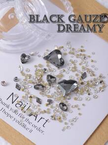 1盒優雅歐美風格美甲材料套裝,帶有心形、彎曲心形和尖錐形狀的透明和黑色鑽石,迷你平底白色鑽石 - 黑色 - 查看 3