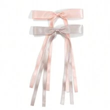 2pcs/Pack Two Tone (Bright Pink & Grey) Long Ribbon Bow Hair Clips, Cute Hair Accessories For Girls, Suitable For Daily Wear All Seasons - Multicolor - View 1