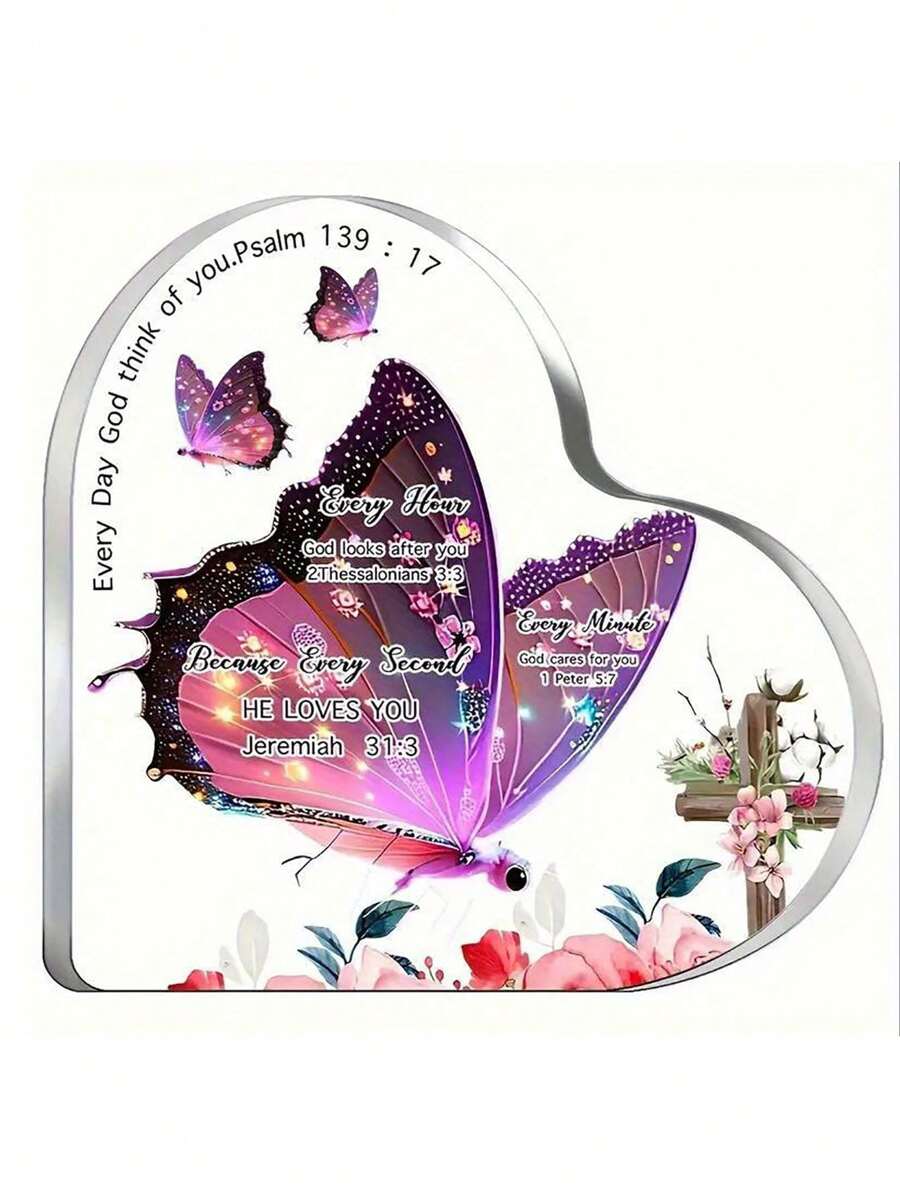 1 件心形透明壓克力餐桌裝飾,帶有經文紫色蝴蝶,送給朋友、家人、神職人員的理想禮物,花卉元素紀念品,,婚禮裝飾 - 彩色 - 查看 1