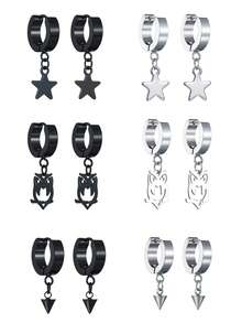 1pair Stainless Steel Star, Owl Shaped Dangle Earrings For Women, Party & Daily Wear - Black - View 8