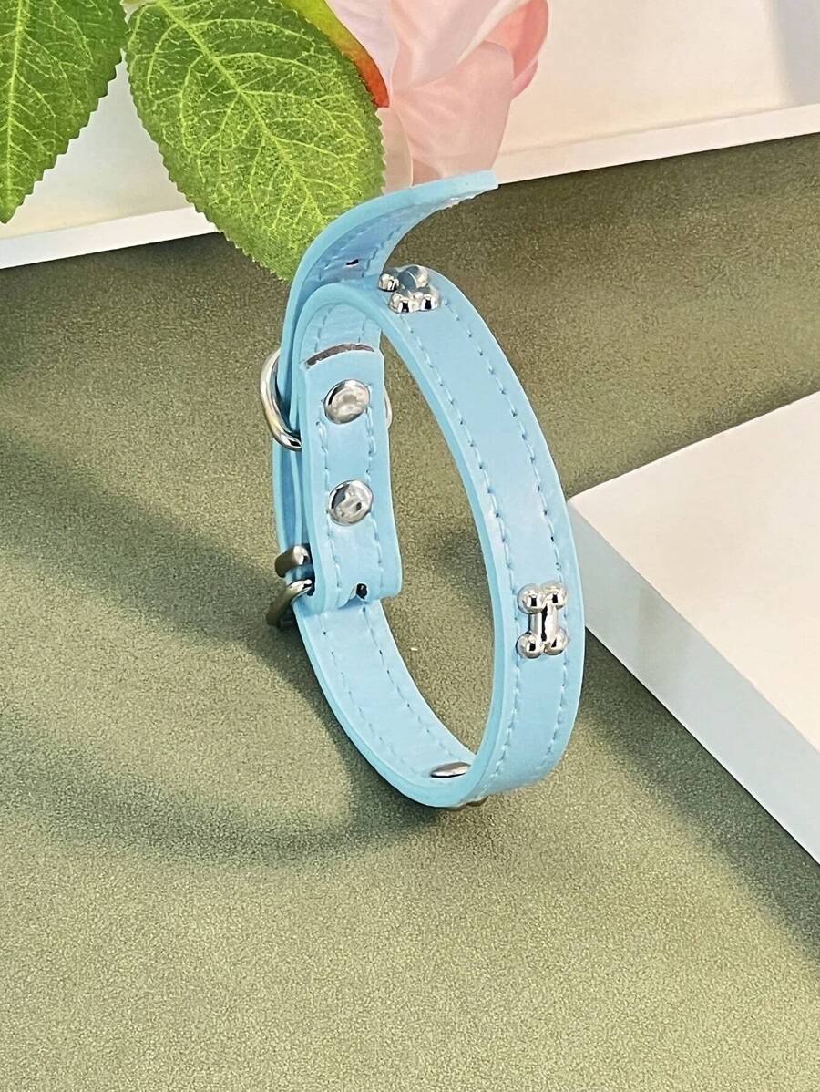 1pc Light Blue Cat/Dog Collar With Metallic Bone Decor, Adjustable, Made Of Pu Leather - Baby Blue - View 1