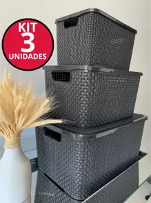 Kit 3 Caixas Organizadoras Rattan Reforçada 7L, 13L E 18L - Cesto Organizador Rattan Com Tampa Multiuso - Preto - Visão 8