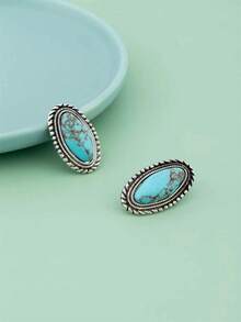 1 套三件/套时尚简约风格别致复古绿松石几何不对称椭圆形吊坠耳环和串珠项链 - 綠松石色 - 查看 8