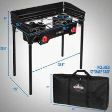 Hike Crew Cast Iron Double-Burner Outdoor Gas Stove, 150,000 BTU Portable Propane-Powered Cooktop With Removable Legs, Temperature Control Knobs, Wind Panels, Hose, Regulator & Storage Carry Case - 黑色 - 查看 5