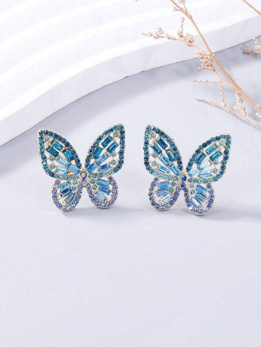 juran 1pair Butterfly Shape Rhinestone Earrings - Blue - View 1