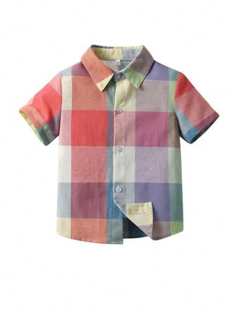 Young Boy's Summer Short Sleeve Plaid Single Breasted Casual Shirt