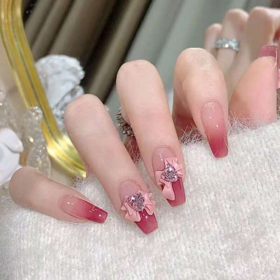 10pcs/Set Dragon Heart Bowknot Nail Art Decorations, Sweet Pink Bowknot