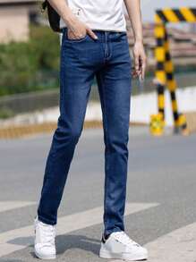 Manfinity Homme Pantalón Skinny de Mezclilla Stretch para Hombre, Hombres Jeans ajustados con rasguños de gato algodón desgarro crudo - Azul lavado medio - Ver 4
