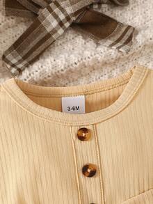 一件可愛的實心嬰兒女士紋身連衣裙,配有蝴蝶結和格子裙子,適合春秋季節 - 杏色 - 查看 4