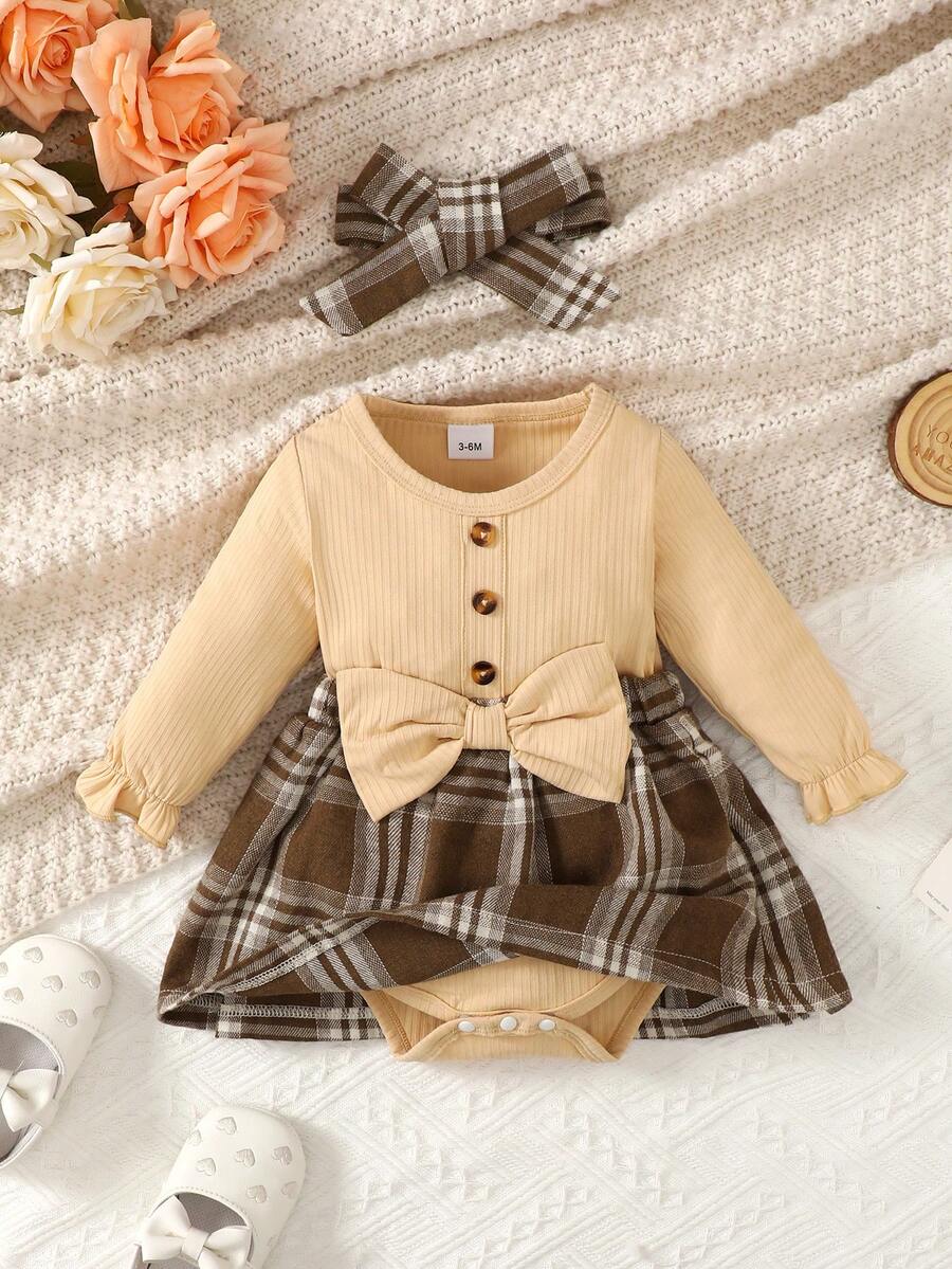 一件可愛的實心嬰兒女士紋身連衣裙,配有蝴蝶結和格子裙子,適合春秋季節 - 杏色 - 查看 1
