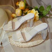 女士水晶拖鞋夏季透明法式仙女風高跟粗跟涼鞋不落俗套高級感 - 杏色 - 查看 2