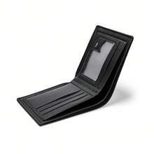 男士短款钱包带证件照窗口卡夹男士情人节礼物，多卡位钱包，男士商务钱包，短款双折钱包，学生钞票钱包，时尚耐磨皮革防水耐用信用卡银行卡夹钱夹包 - 黑色 - 查看 9