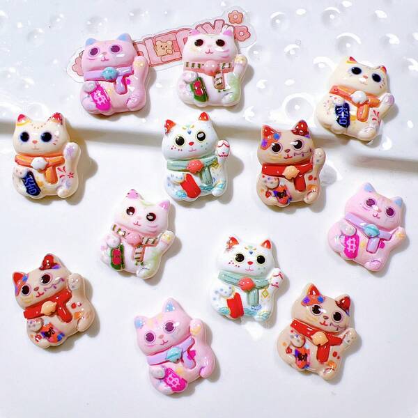 10pcs/Set Cute New Year Fortune Cat Cartoon Polyresin Diy Jewelry Accessory Crafting Material