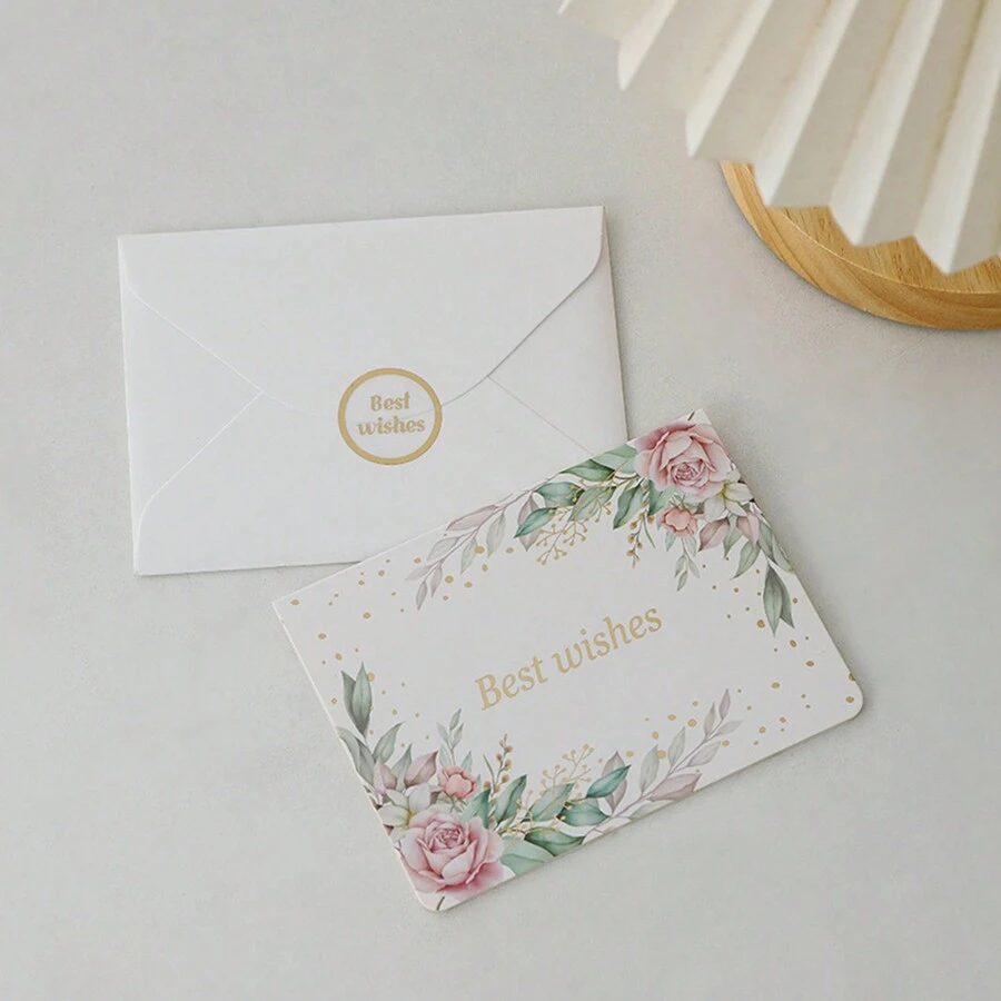 10sets Simple Elegant Foil Stamping Floral Wreath Design Envelopes And Greeting Cards Set, Suitable For Wedding Ceremony Congratulation Cards, Including Envelopes And Sealing Stickers, Perfect For Bride To Write Personalized Thank You Cards - Best Wishes 006 - View 1