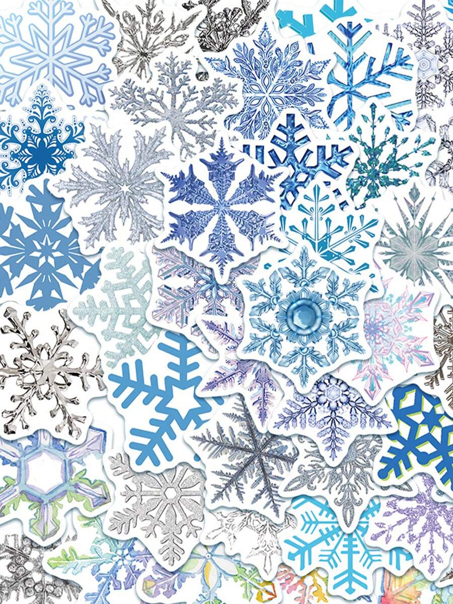 50pcs Blue Snowflake Stickers For Journal Diy Decoration, Self-Adhesive Decorative Paper, Waterproof Stickers For Laptop And Suitcase - Blue - View 1