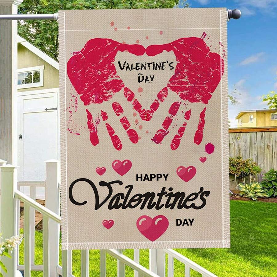1面手拉手桃心印花浪漫風格情人節花園旗幟,雙面裝飾,適用於所有季節和情人節 - 彩色 - 查看 1