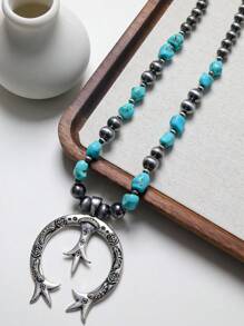 1 件仿珍珠 & Ccb & 绿松石不对称形状吊坠项链、毛衣链 - 復古銀色 - 查看 1