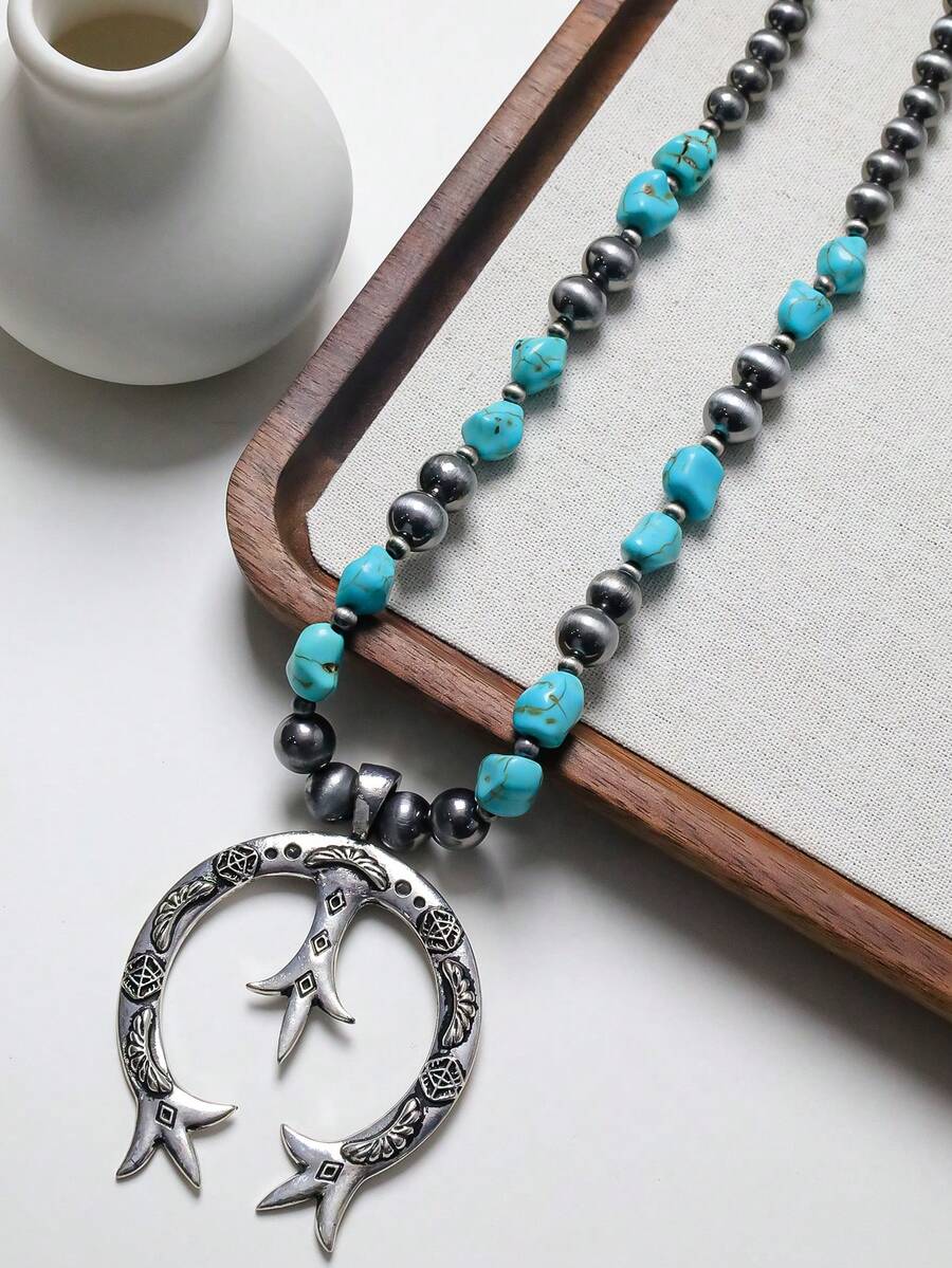 1 件仿珍珠 & Ccb & 绿松石不对称形状吊坠项链、毛衣链 - 復古銀色 - 查看 1