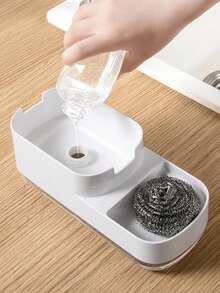 1入組升級版擠壓式手動肥皂液體器,配有儲物盒和海綿架,適用於廚房 - 白色 - 查看 4