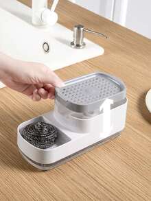 1入組升級版擠壓式手動肥皂液體器,配有儲物盒和海綿架,適用於廚房 - 白色 - 查看 3