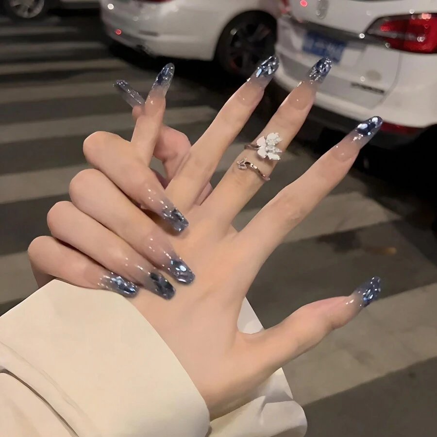 Glamour 24 Piezas De Uñas Postizas diseño coreano elegante diamante azul 3d Al Estilo Francés Brillante Falsas Uñas Para Mujeres/niñas incluye lima y pegamento - azul real - Ver 1