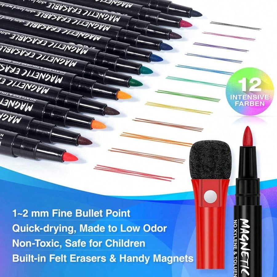 12pcs Cap Fine Tip Whiteboard Marker Pens, Dry Erase WaterBased Highlighter Acrylic