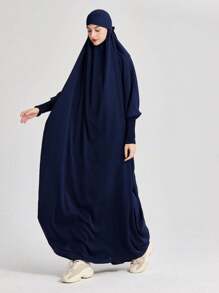 1pc Middle East Arabic Plus Size Muslim Prayer Headscarf Hijab For Hajj - Navy Blue - View 4